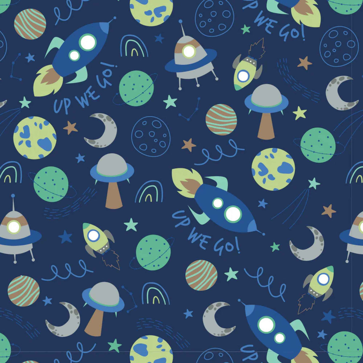 Lost in Space Navy Cotton Flannel – Rockets, Planets & Stars