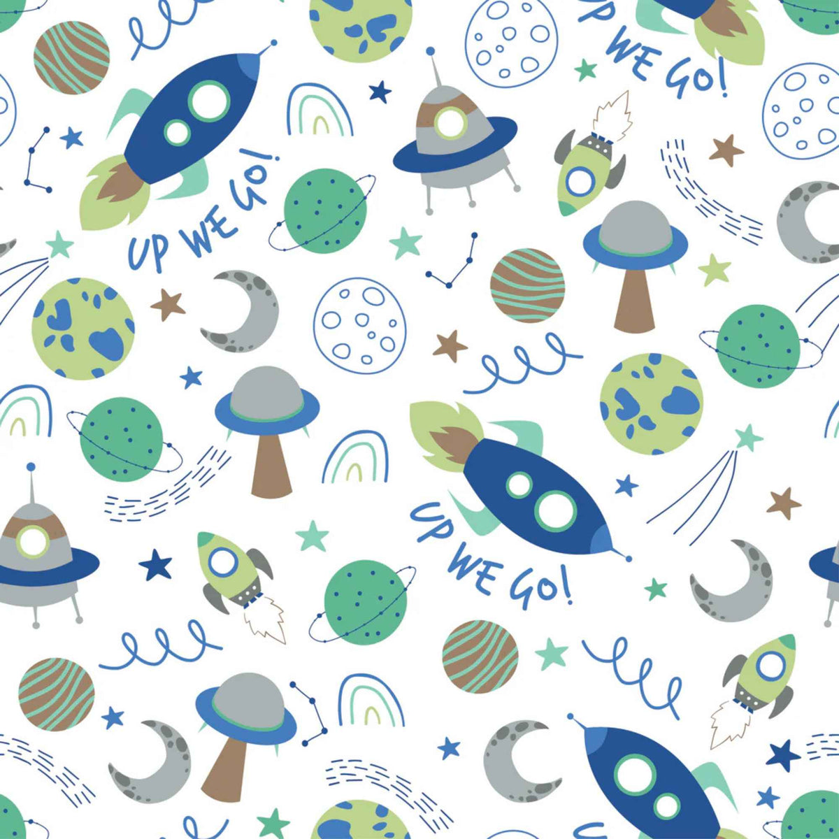Lost in Space White Cotton Flannel – Rockets, Planets & UFOs