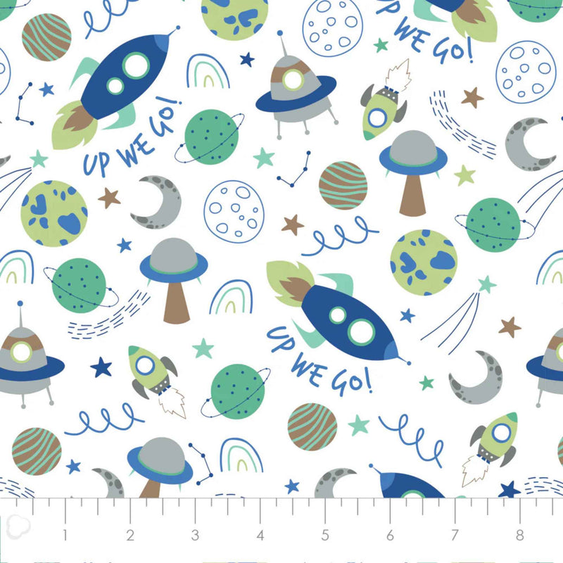 Lost in Space White Cotton Flannel – Rockets, Planets & UFOs