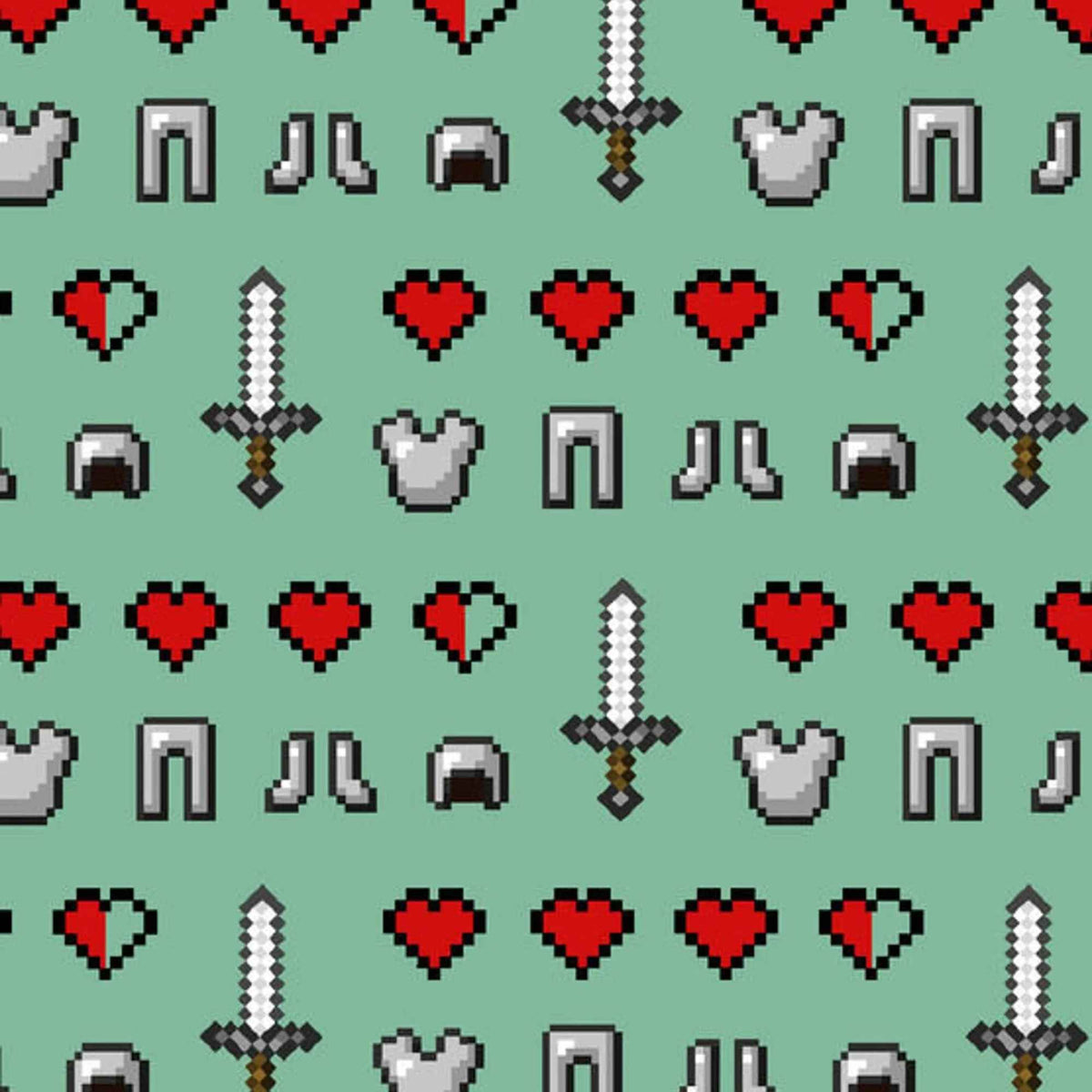 Minecraft Icons Fabric – Gamer Sword & Heart Print – 100% Cotton