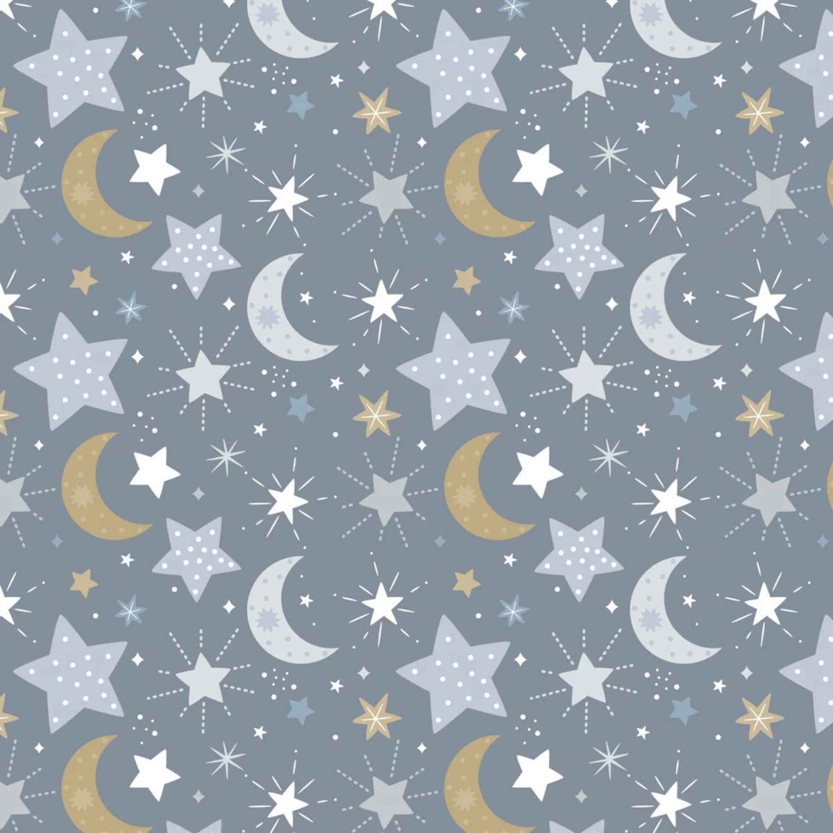 Moon Child Blue - Grey Cotton Flannel – Stars, Moons & Night Sky