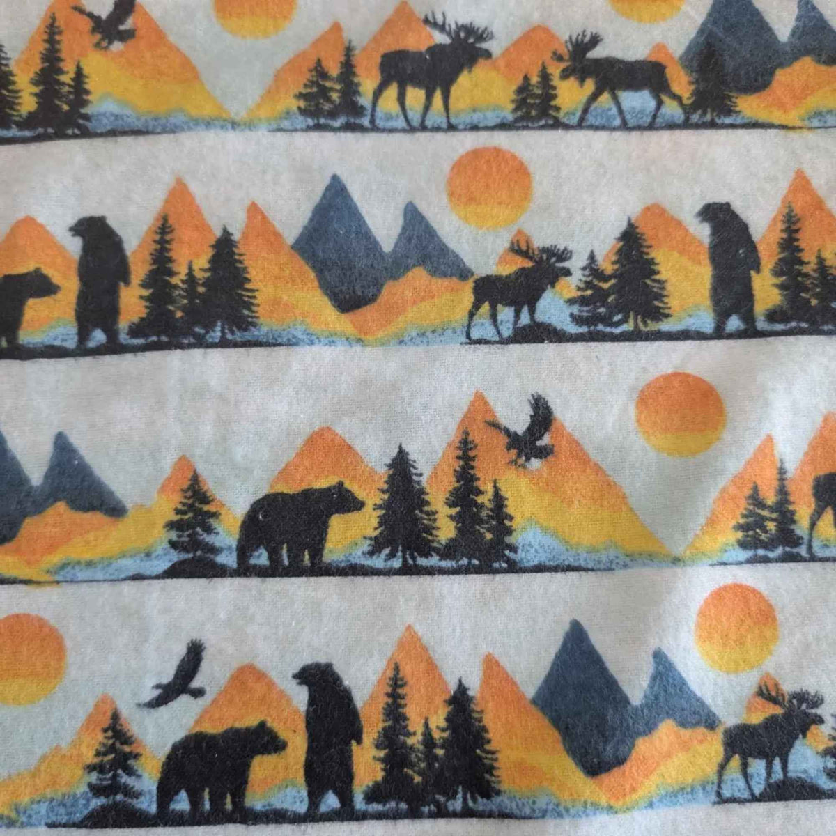 Mountain Wildlife Sunset Cotton Flannel – Bears, Moose, Trees & Eagles