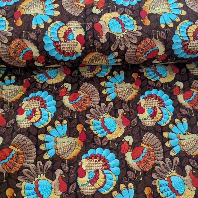 Orange and Teal Turkey on Brown, Thanksgiving, Quilting Cotton