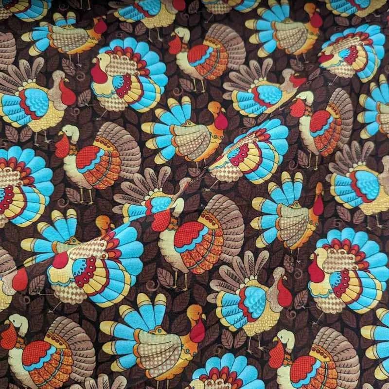 Orange and Teal Turkey on Brown, Thanksgiving, Quilting Cotton