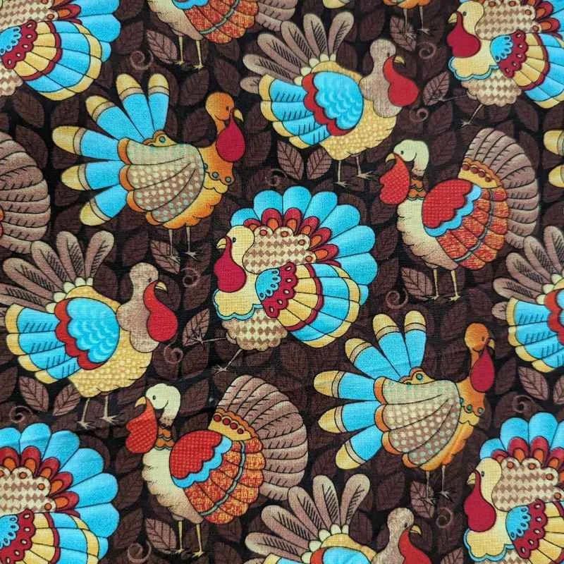 Orange and Teal Turkey on Brown, Thanksgiving, Quilting Cotton