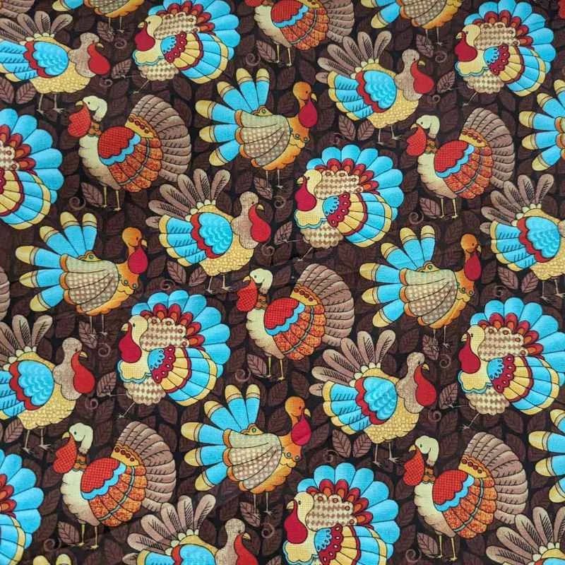 Orange and Teal Turkey on Brown, Thanksgiving, Quilting Cotton