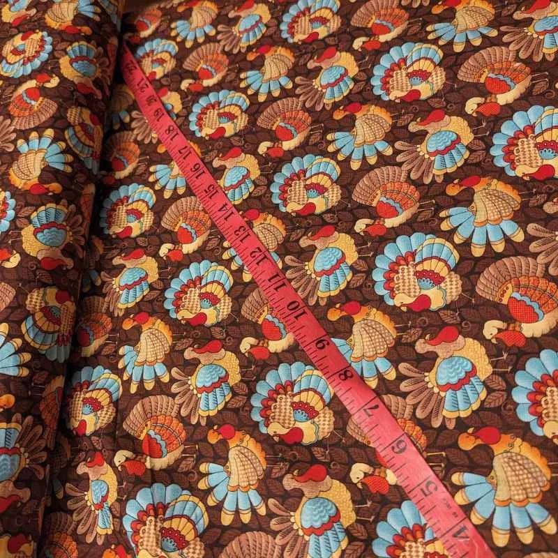 Orange and Teal Turkey on Brown, Thanksgiving, Quilting Cotton