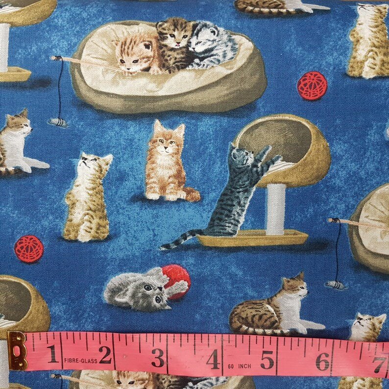 Playful Cats Cotton Fabric – Blue Novelty Print with Kittens & Toys