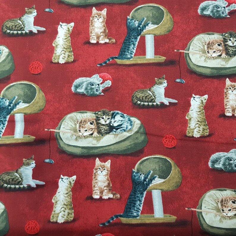 Playful Cats Cotton Fabric – Red Novelty Print with Kittens & Toys