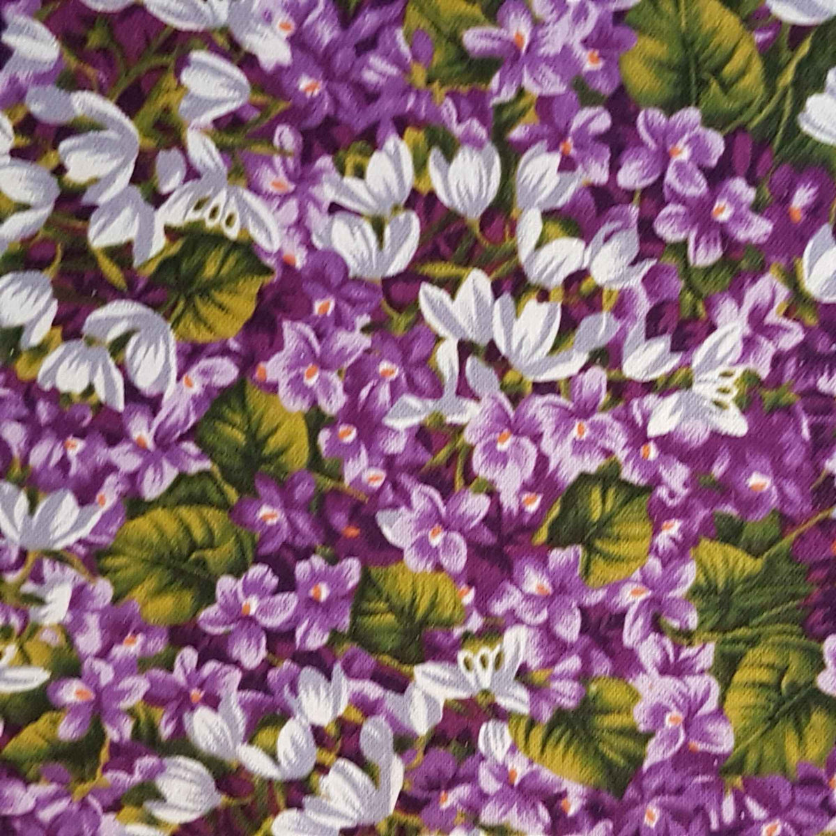 Purple and White Floral Cotton Fabric, Lilacs and Leaves Print