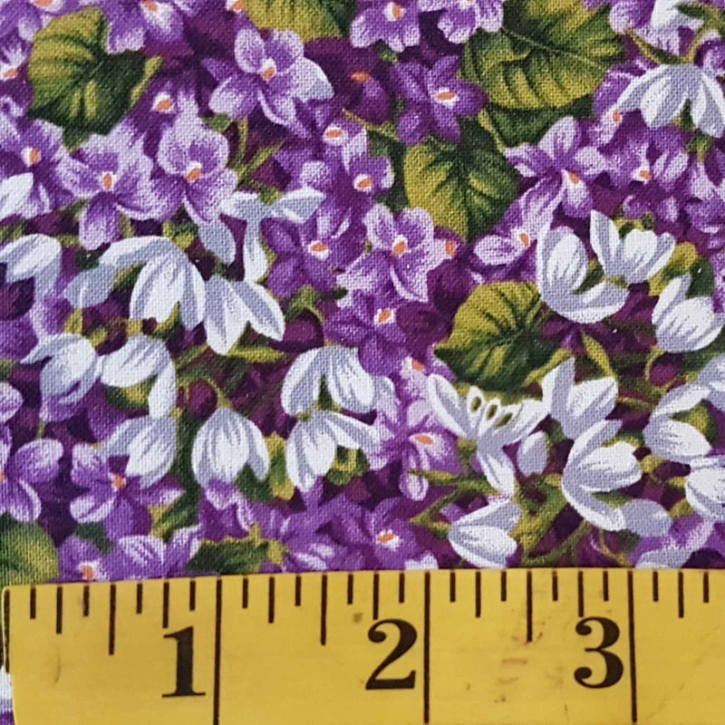 Purple and White Floral Cotton Fabric, Lilacs and Leaves Print