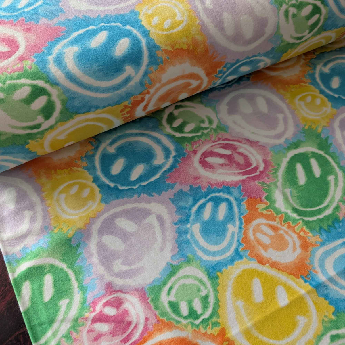Rainbow Smiley Faces Cotton Flannel Fabric – Colorful Tie - Dye Print, Brushed Soft, OEKO - TEX Certified