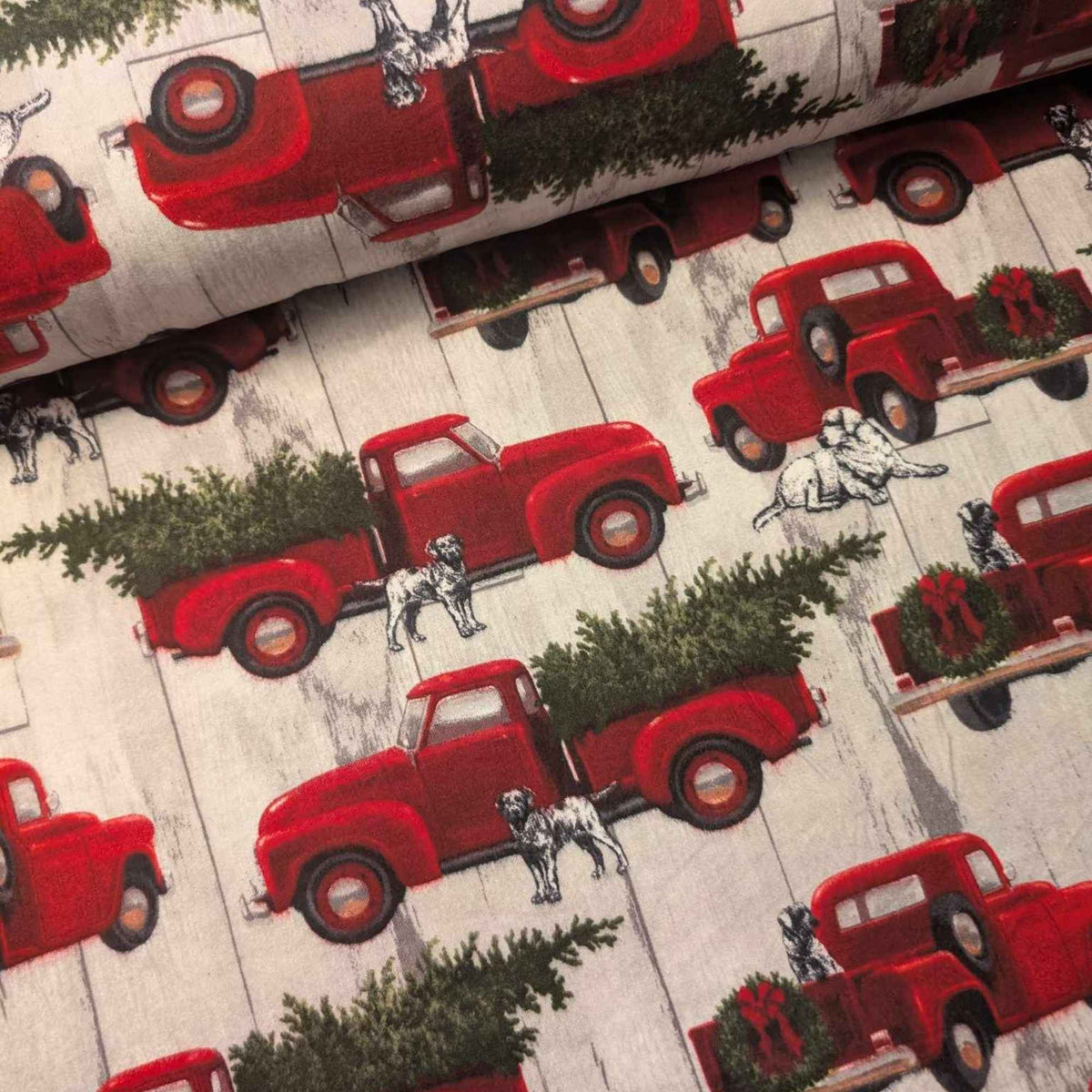 Red Truck & Dog Cotton Flannel – Christmas Trees & Wreaths
