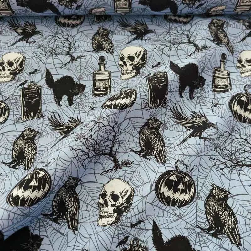 Robert Kaufman Blue Haunted Halloween Fabric, Quilting Cotton