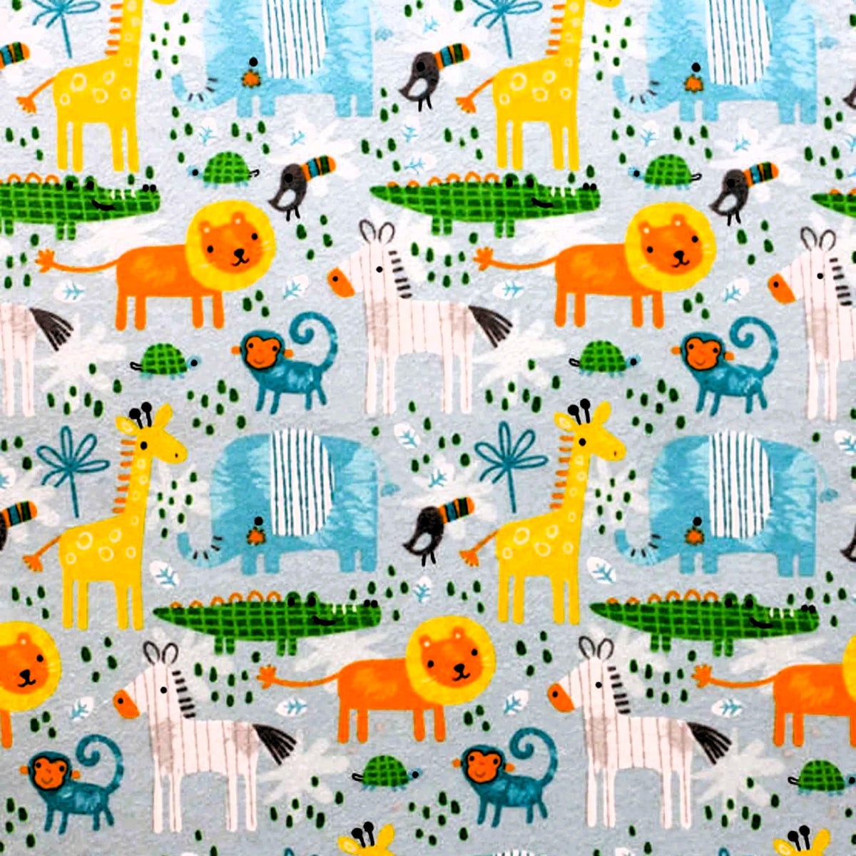Safari Jungle Animals Cotton Flannel – Lions, Elephants, Zebras, Monkeys & Giraffes on Light Grey