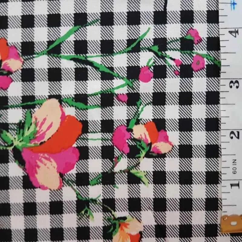 Sheeting Cotton, Gingham Floral Black & White Gingham