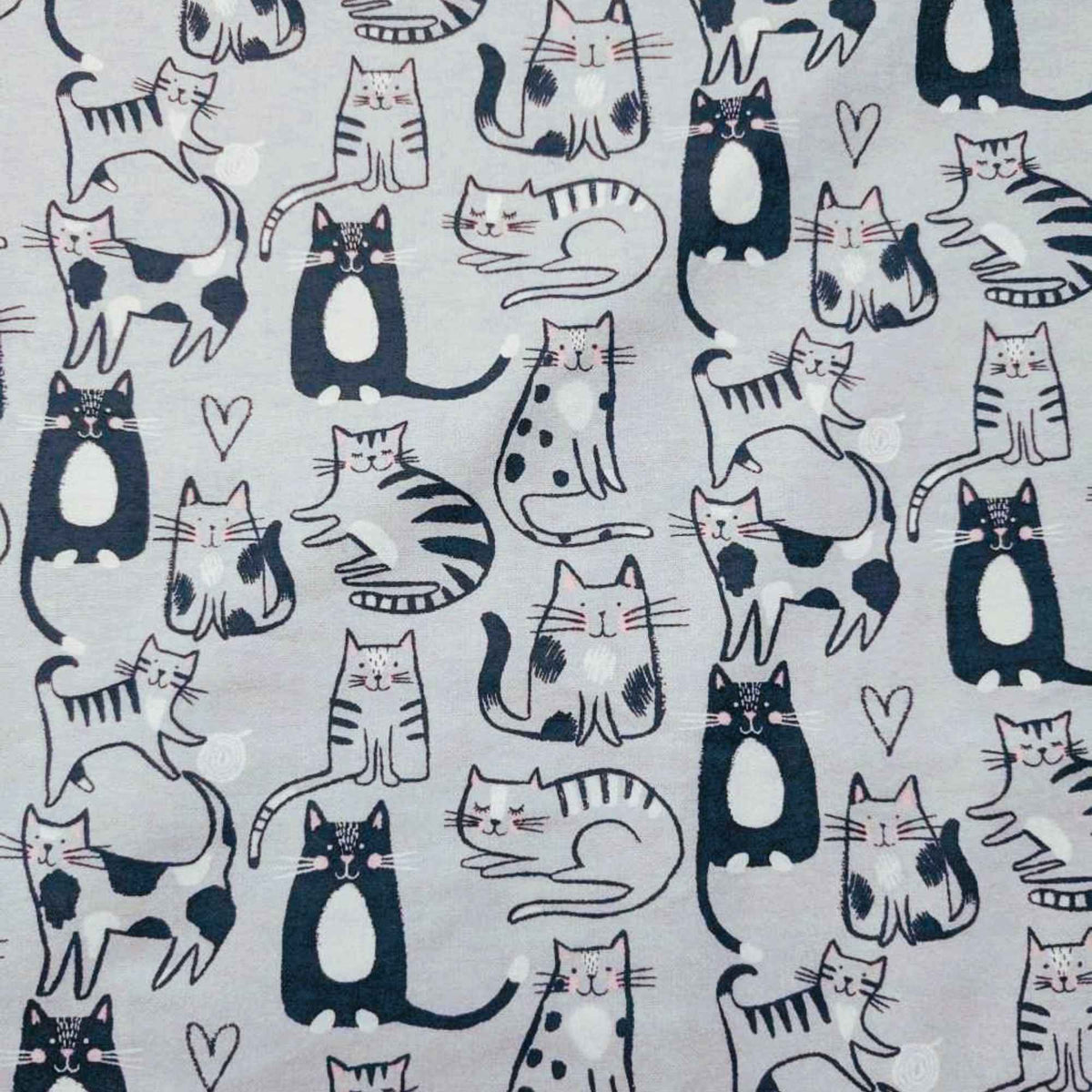 Sketch Cat Cotton Flannel – Grey with Playful Cats | 100% Cotton Flannel