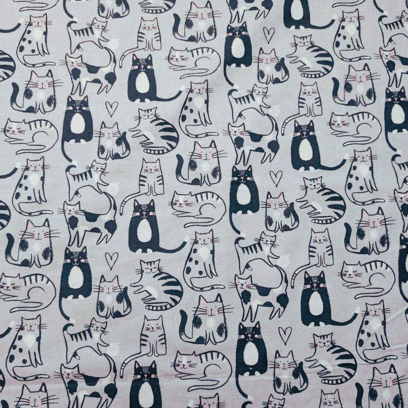 Sketch Cat Cotton Flannel – Grey with Playful Cats | 100% Cotton Flannel