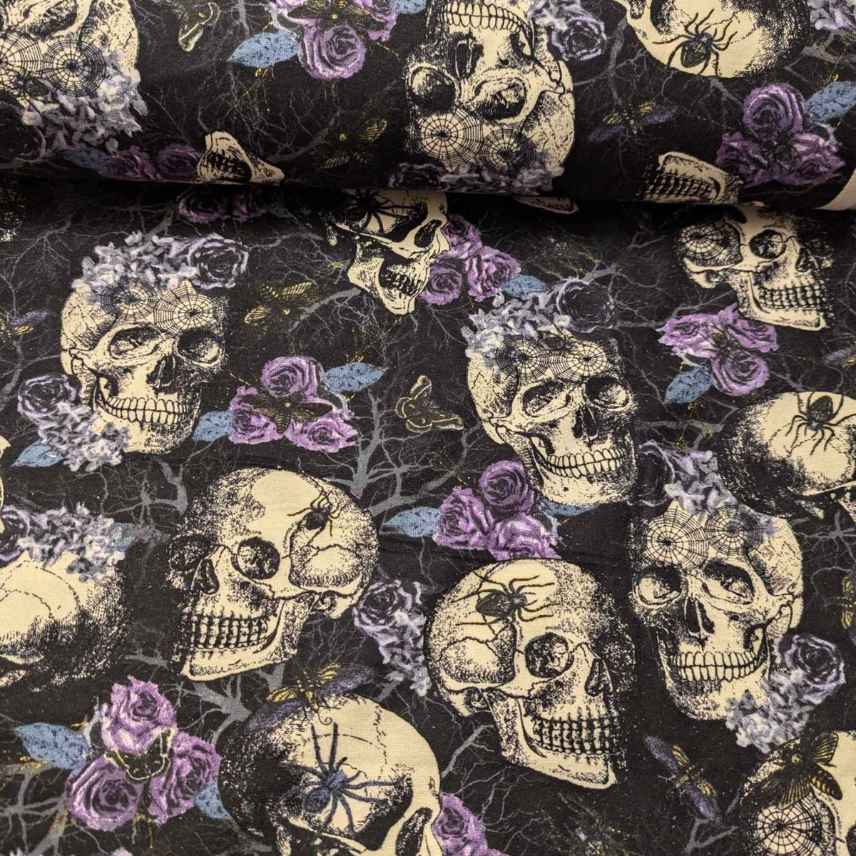 Skulls, Spiders and Roses FLANNEL, Spiders, Purple and Black