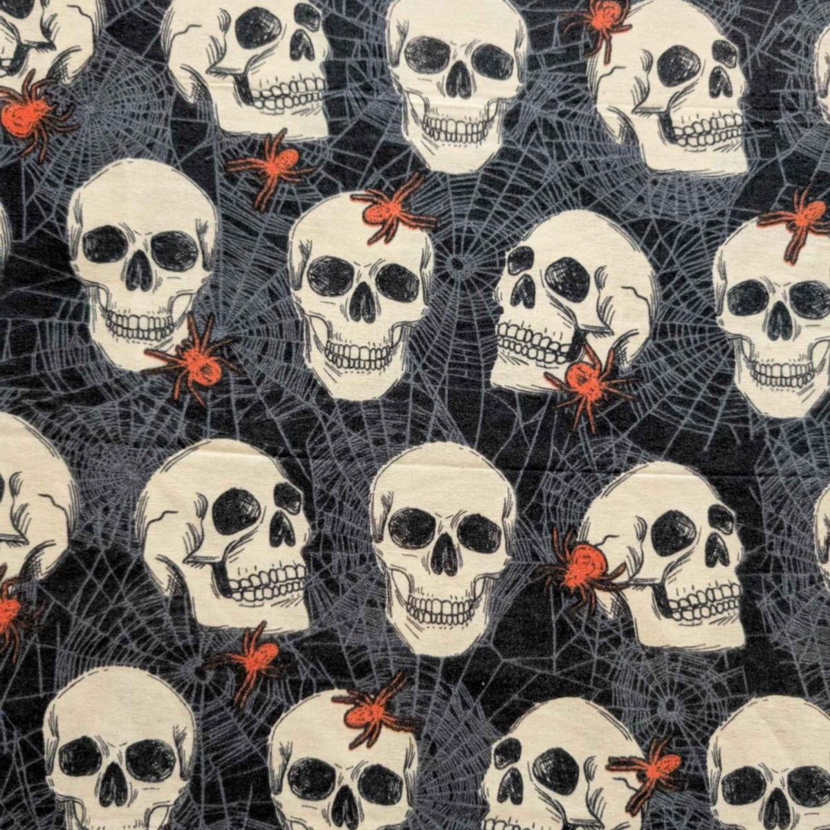 Skulls & Spiders Halloween Cotton Flannel Fabric | Spider Web Print on Black