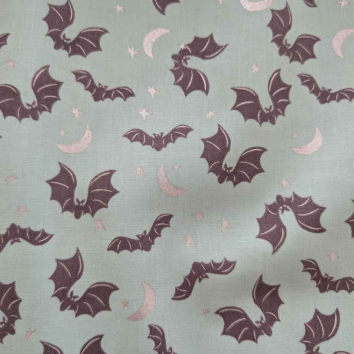 Spooky Hollow Teal Bat Cotton Fabric with Silver Shimmer – Halloween Print