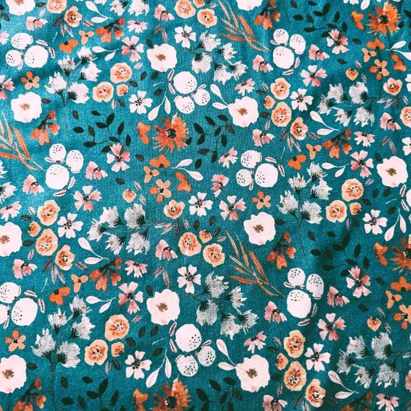 Summer Flowers on Teal, Digital Print, GOTS Jersey Knit