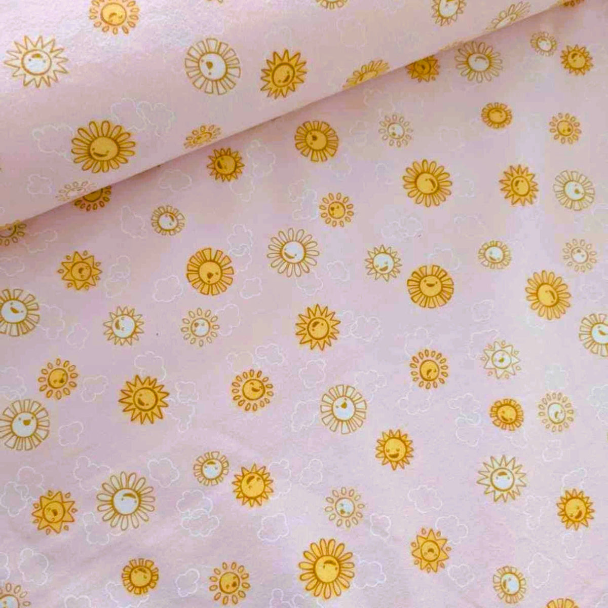 Sun on Pink Cotton Flannel – Over the Moon – Pearl Pink Celestial Print