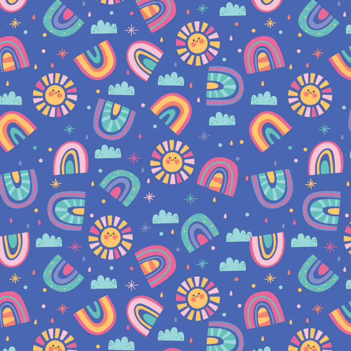 Sunshine and Rainbows Blue Cotton Flannel – Smiling Suns & Colorful Arches