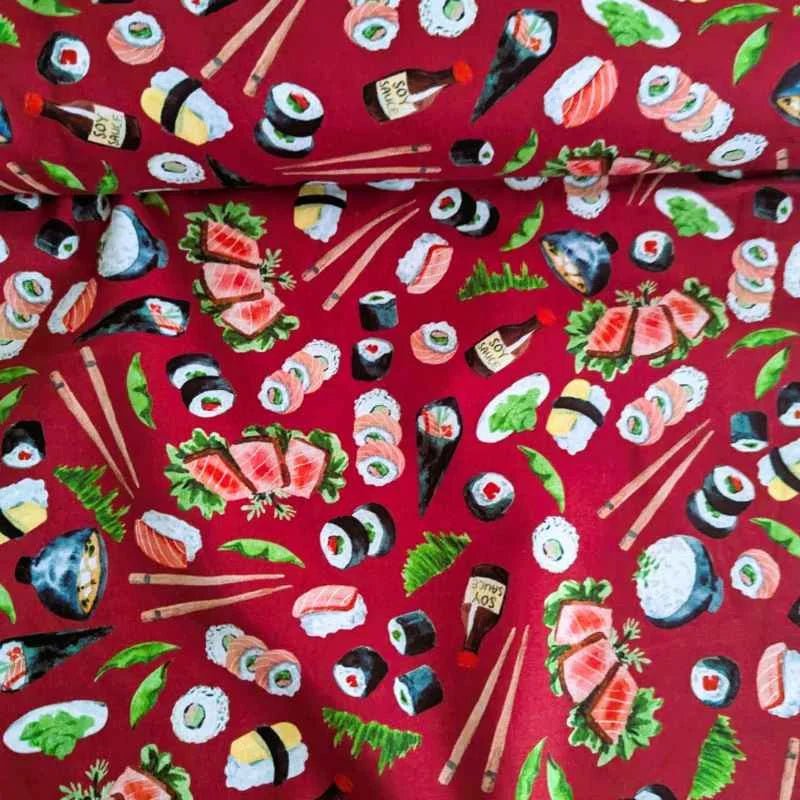 Sushi and Sashimi on Red, Quilting Cotton