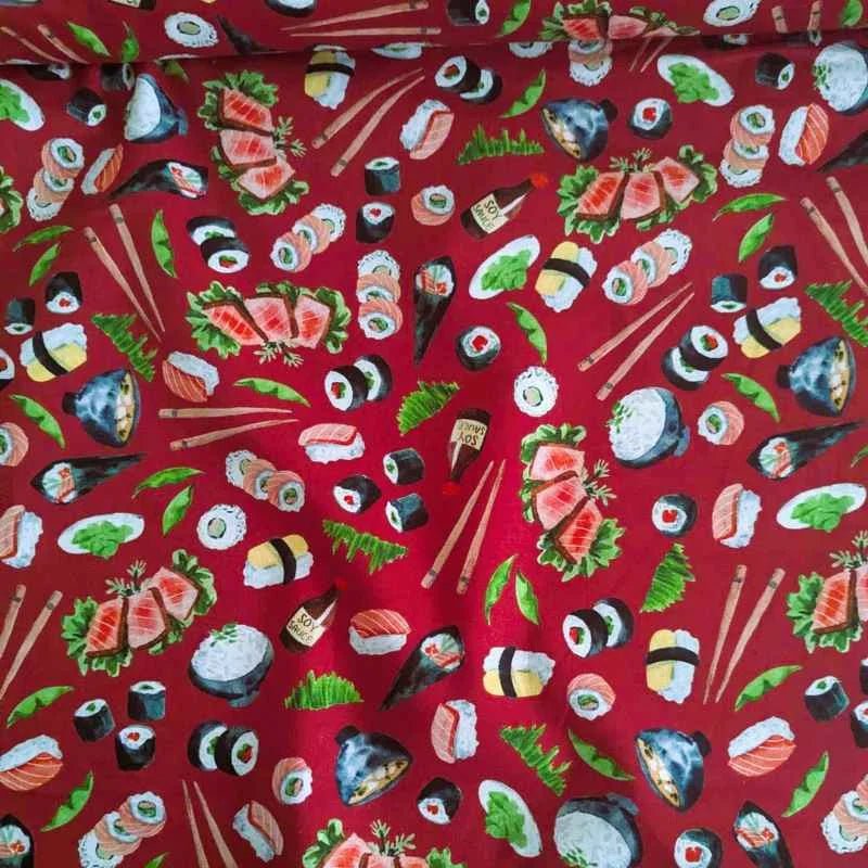 Sushi and Sashimi on Red, Quilting Cotton