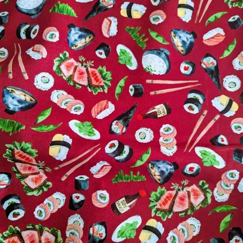 Sushi and Sashimi on Red, Quilting Cotton