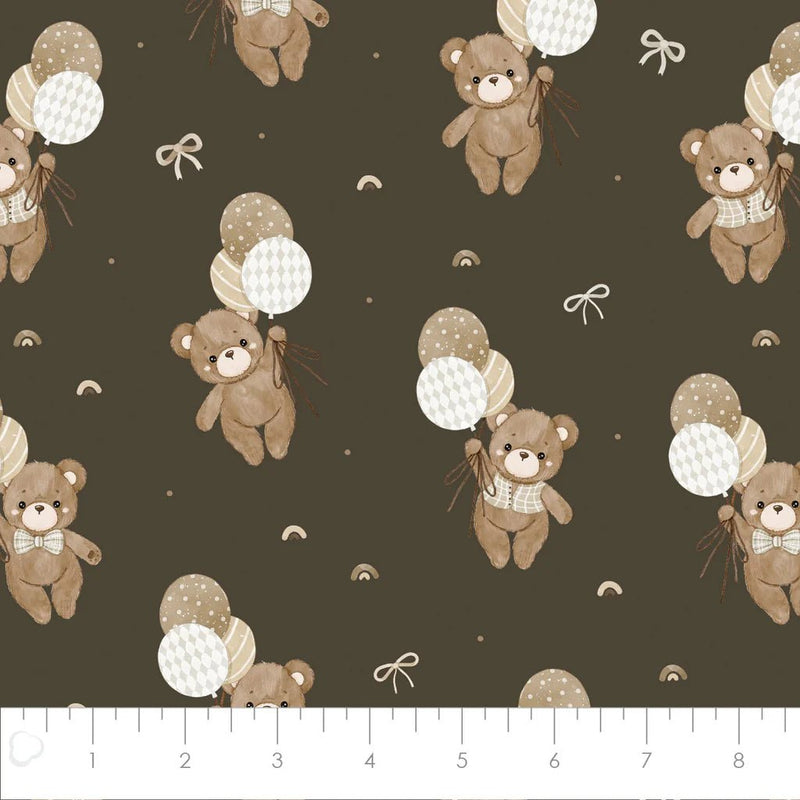 Teddy Bear's Adventures Dark Brown Cotton Flannel – Baby Bear & Balloons