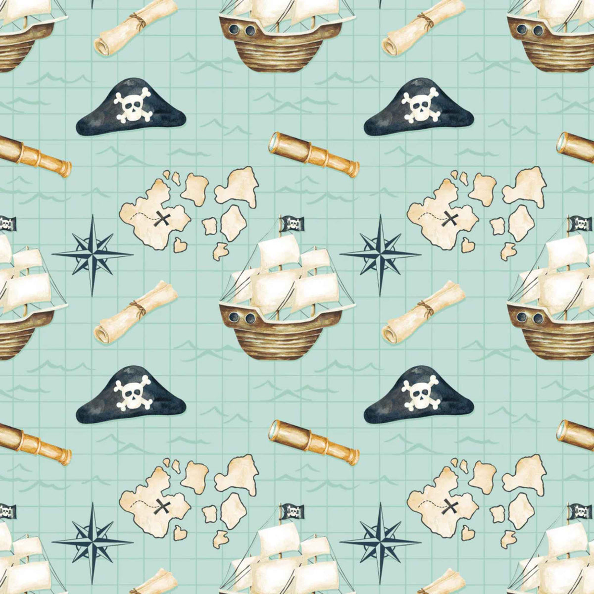 Treasure Map Aqua Cotton Flannel – Pirate Ships & Maps