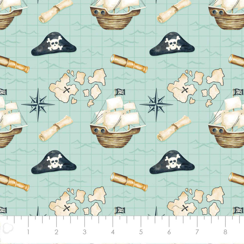 Treasure Map Aqua Cotton Flannel – Pirate Ships & Maps