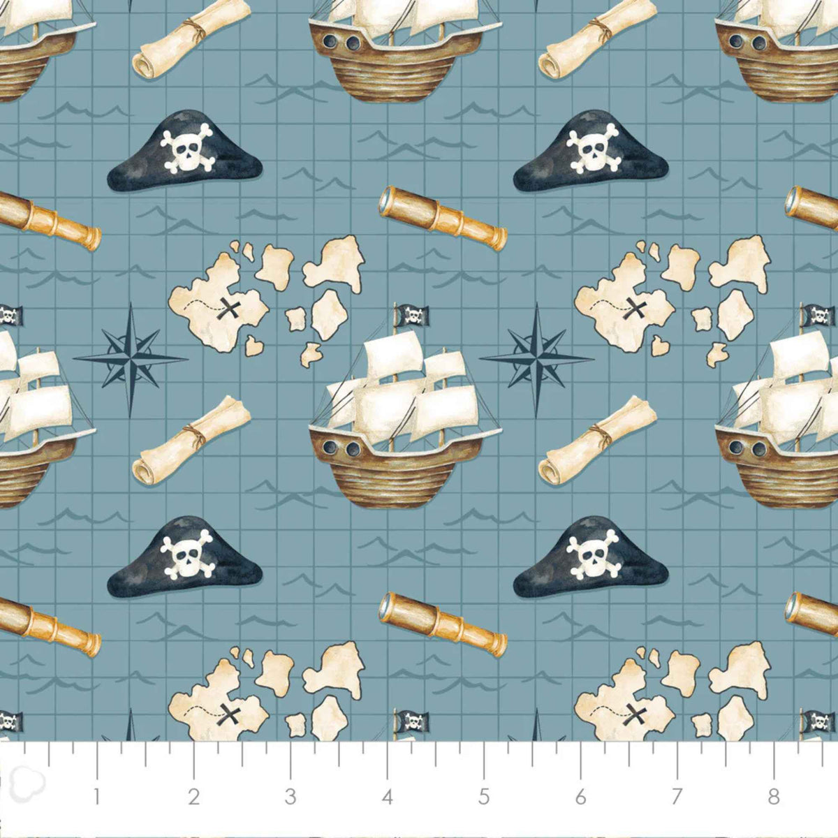 Treasure Map Blue Cotton Flannel – Pirate Ships & Maps