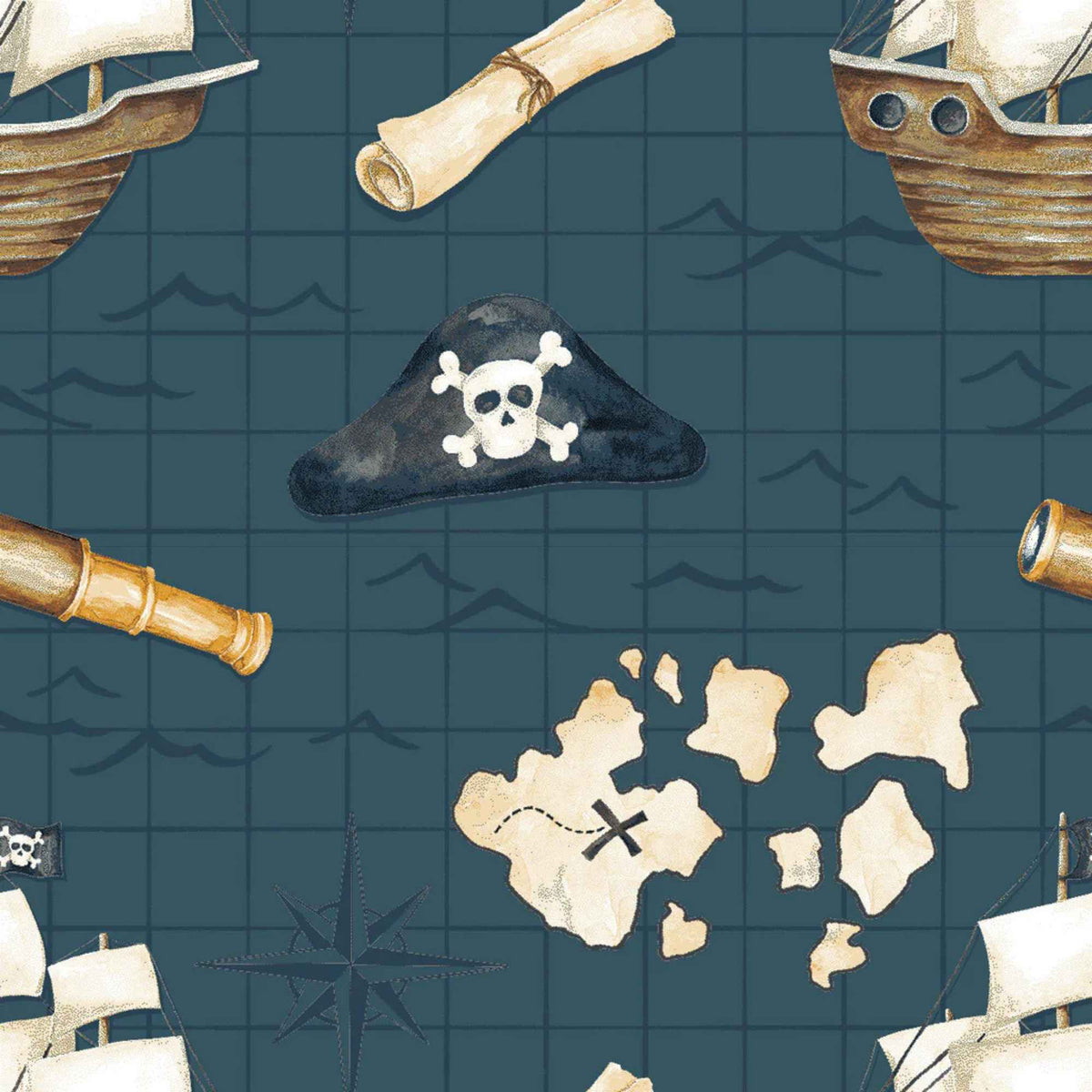 Treasure Map Navy Cotton Flannel – Pirate Ships & Islands