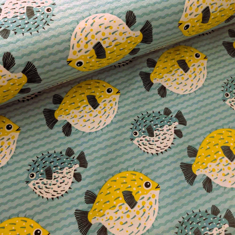 Tropical Pufferfish Cotton Flannel – Aqua, Yellow & Blue – Soft Brushed Fabric