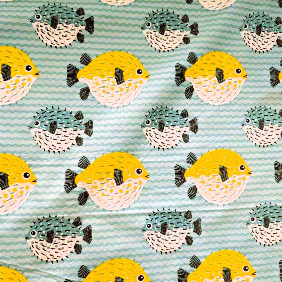 Tropical Pufferfish Cotton Flannel – Aqua, Yellow & Blue – Soft Brushed Fabric
