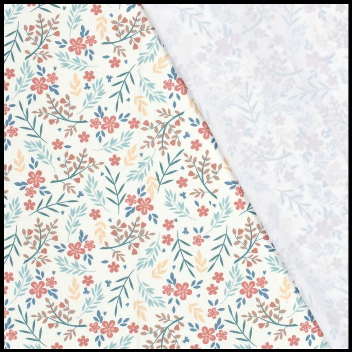 Vintage-inspired floral print swim fabric with soft red, peach, and blue flowers on white – Oeko-Tex certified stretch knit for swimwear and activewear