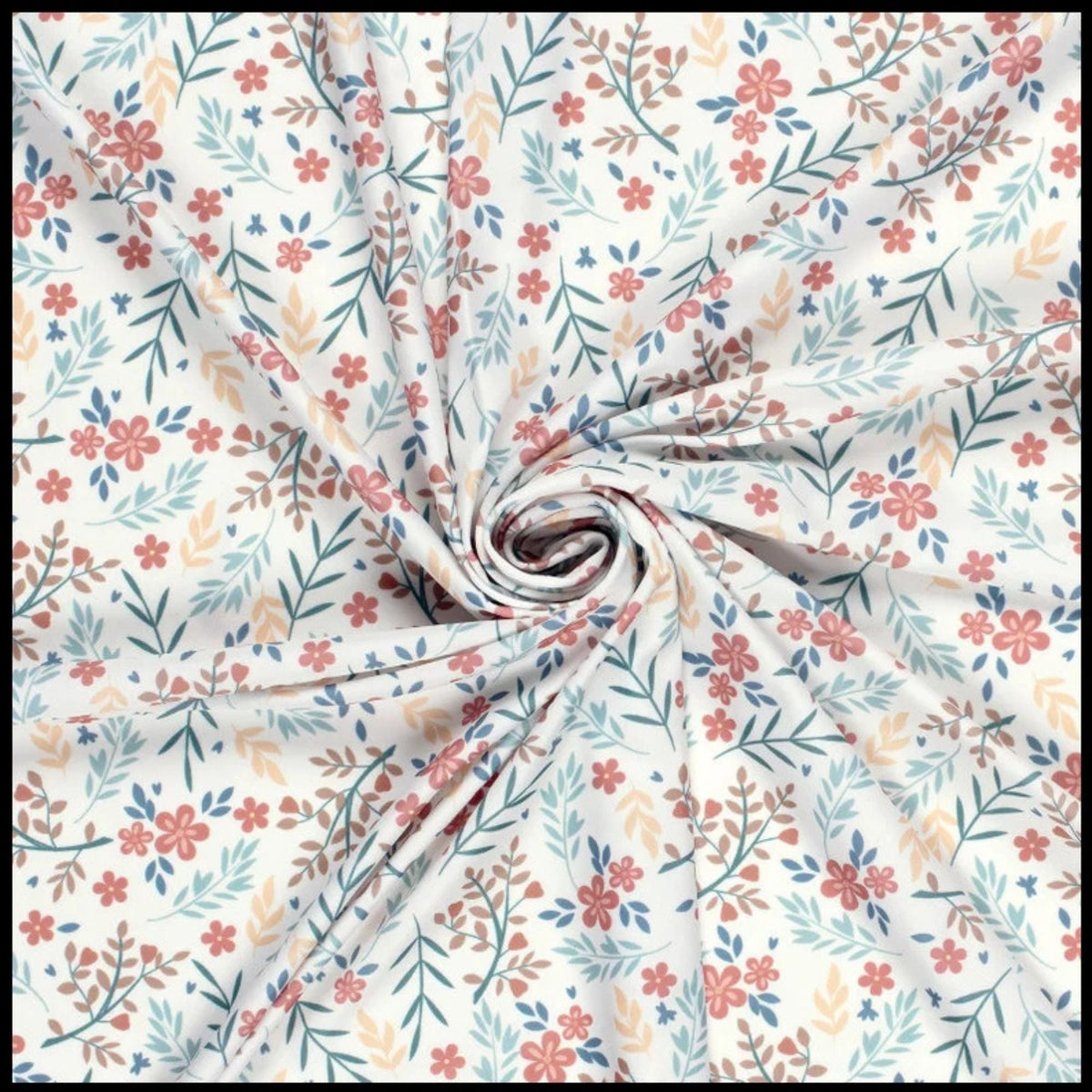 Vintage-inspired floral print swim fabric with soft red, peach, and blue flowers on white – Oeko-Tex certified stretch knit for swimwear and activewear