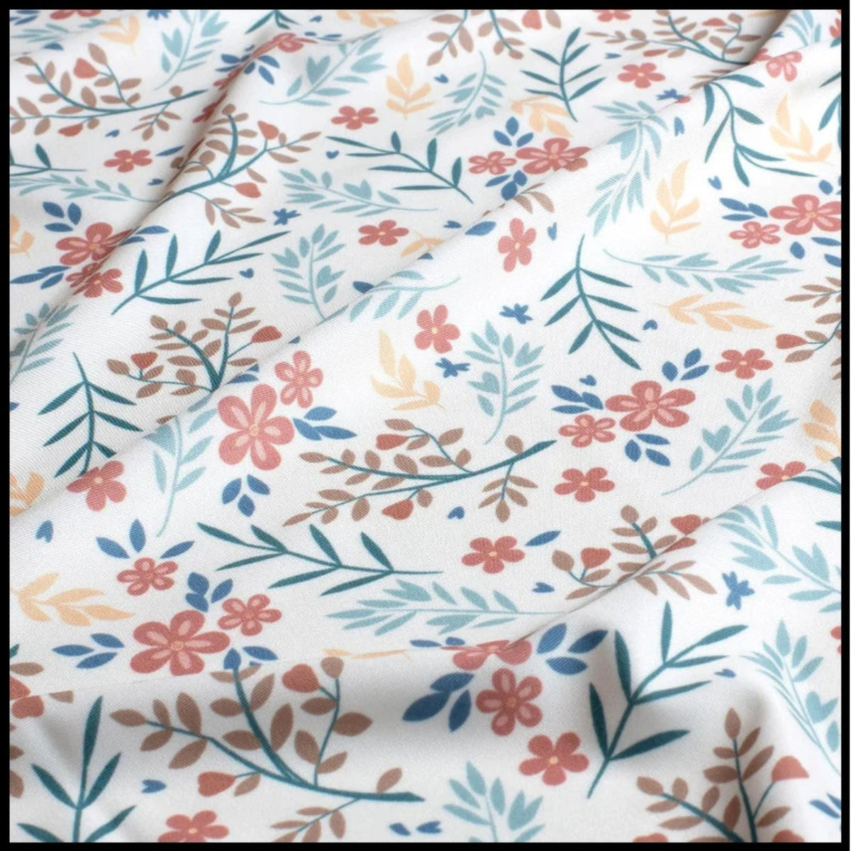 Vintage-inspired floral print swim fabric with soft red, peach, and blue flowers on white – Oeko-Tex certified stretch knit for swimwear and activewear