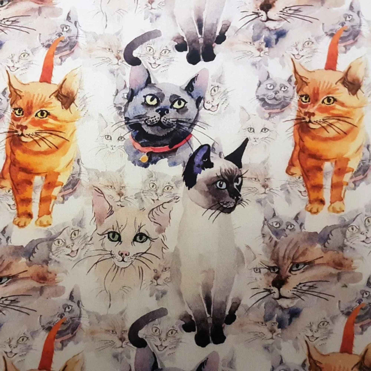 Watercolor Cats Cotton Fabric – Realistic Cat Faces & Breeds, 44" Wide