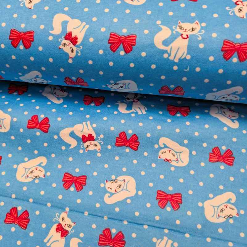 White Cat FLANNEL, Red Bows on blue