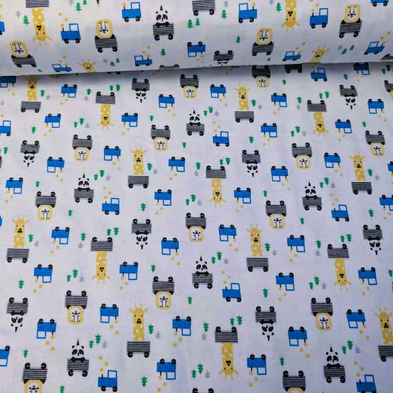 Wild Animal FLANNEL, Black, Blue and Yellow on White