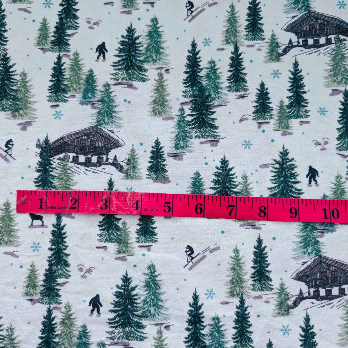 Winter Forest Lodge Flannel – Skiers, Cabin, Bigfoot & Deer – 100% Cotton