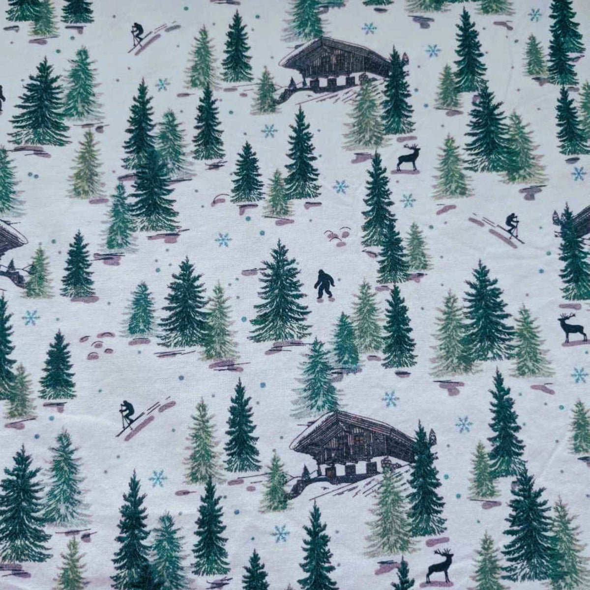 Winter Forest Lodge Flannel – Skiers, Cabin, Bigfoot & Deer – 100% Cotton