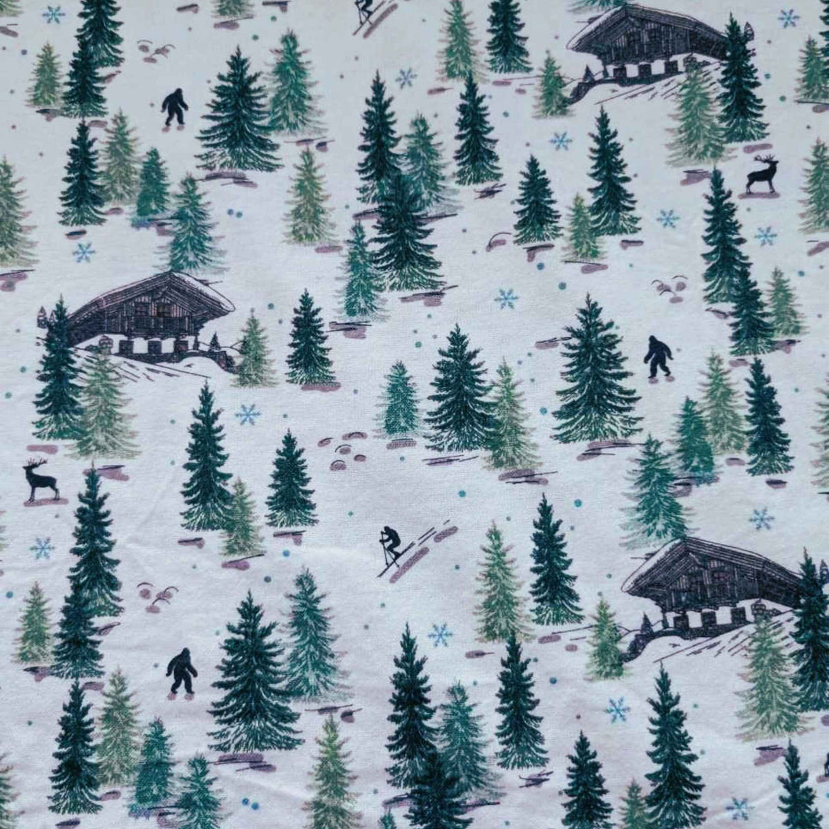 Winter Forest Lodge Flannel – Skiers, Cabin, Bigfoot & Deer – 100% Cotton