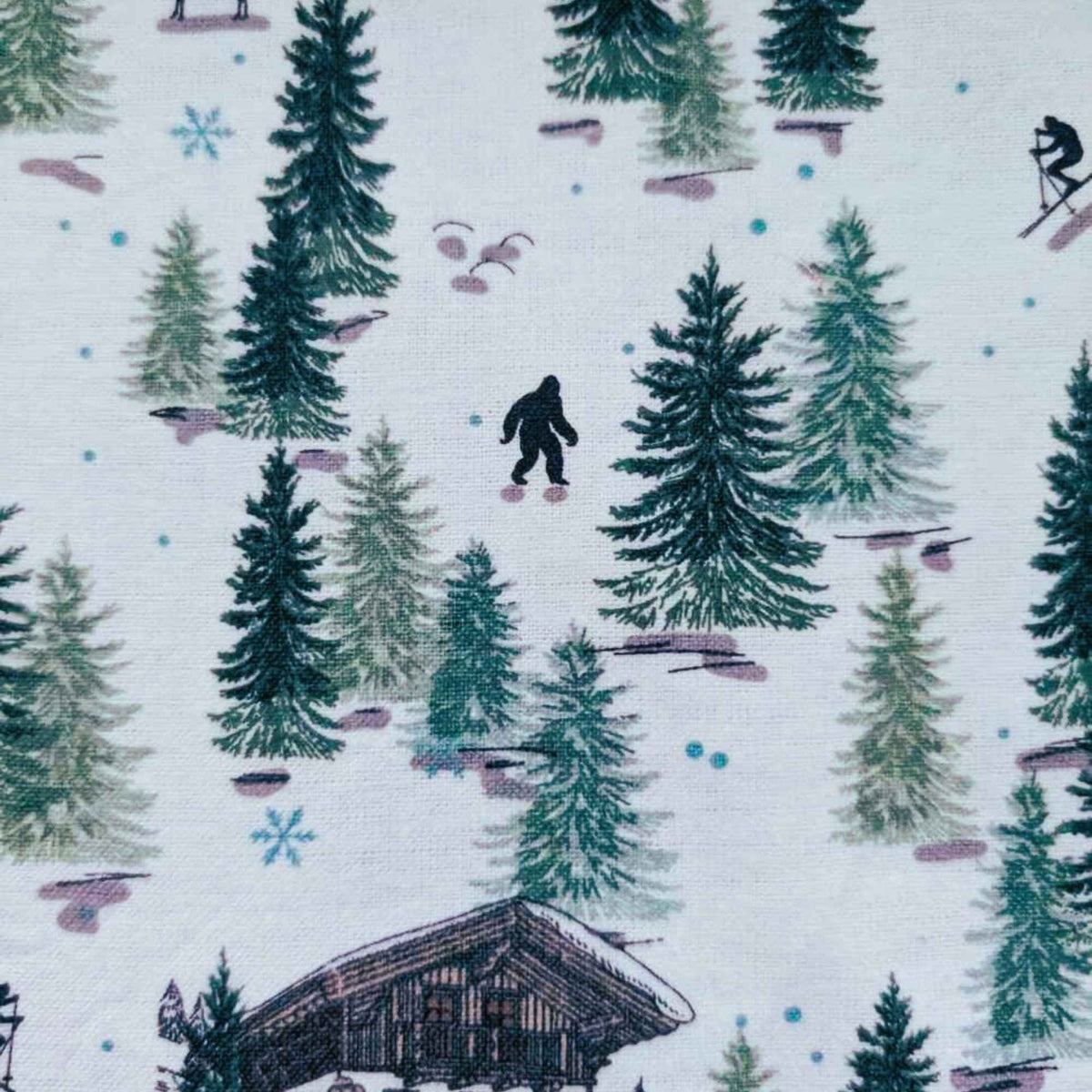 Winter Forest Lodge Flannel – Skiers, Cabin, Bigfoot & Deer – 100% Cotton