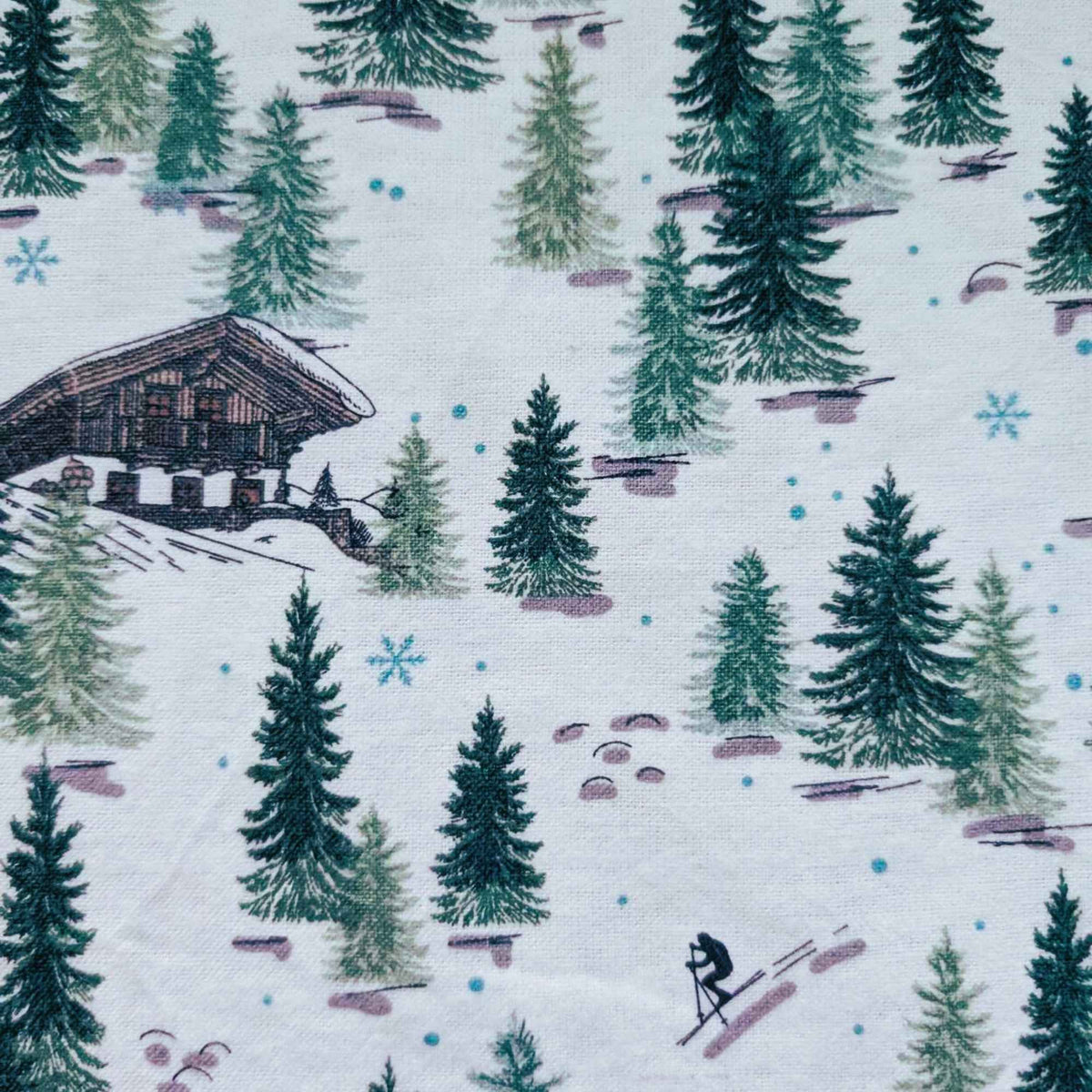 Winter Forest Lodge Flannel – Skiers, Cabin, Bigfoot & Deer – 100% Cotton