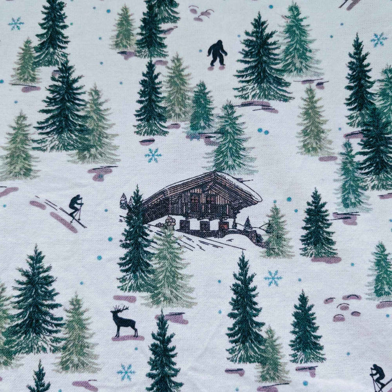 Winter Forest Lodge Flannel – Skiers, Cabin, Bigfoot & Deer – 100% Cotton